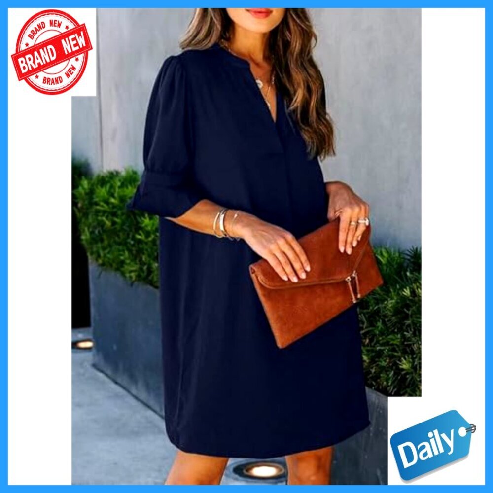 Knee-Length V-Neck Shift Dress with Ruffle Sleeves, Polyester Casual Summer Wear - Picture 4 of 7